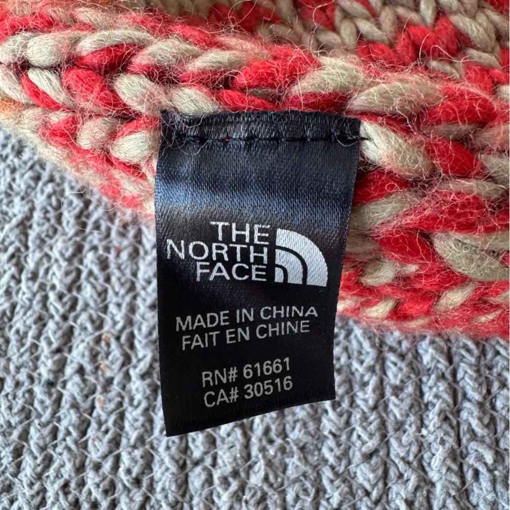 The North Face Red Orange Stripe Beanie Knit Hat Fleece Lining